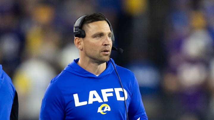 Jan 13, 2025; Glendale, AZ, USA; Los Angeles Rams defensive coordinator Chris Shula against the Minnesota Vikings during an NFC wild card game at State Farm Stadium. Mandatory Credit: Mark J. Rebilas-Imagn Images Jan 13, 2025; Glendale, AZ, USA; Los Angeles Rams defensive coordinator Chris Shula against the Minnesota Vikings during an NFC wild card game at State Farm Stadium. Mandatory Credit: Mark J. Rebilas-Imagn Images