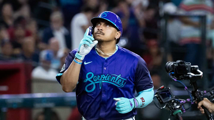 Arizona Diamondbacks first baseman Josh Naylor celebrates after hitting a home run against the San Diego Padres at Chase Field. 
