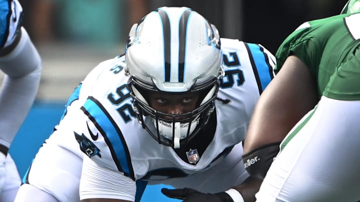 Aug 12, 2023; Charlotte, North Carolina, USA; Carolina Panthers defensive tackle Raequan Williams (92) at the line in the second quarter at Bank of America Stadium. Mandatory Credit: Bob Donnan-Imagn Images Aug 12, 2023; Charlotte, North Carolina, USA; Carolina Panthers defensive tackle Raequan Williams (92) at the line in the second quarter at Bank of America Stadium. Mandatory Credit: Bob Donnan-Imagn Images
