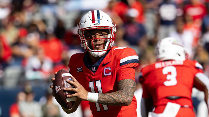 Oct 19, 2024; Tucson, Arizona, USA; Arizona Wildcats quarterback Noah Fifita (11) against the Colorado Buffalos at Arizona Stadium. Mandatory Credit: Mark J. Rebilas-Imagn Images