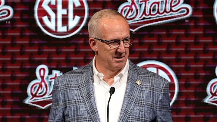 SEC Commissioner Greg Sankey speaks during SEC Media Day at the Grand Bohemian Hotel in Mountain Brook Tuesday, Oct. 15, 2024.
