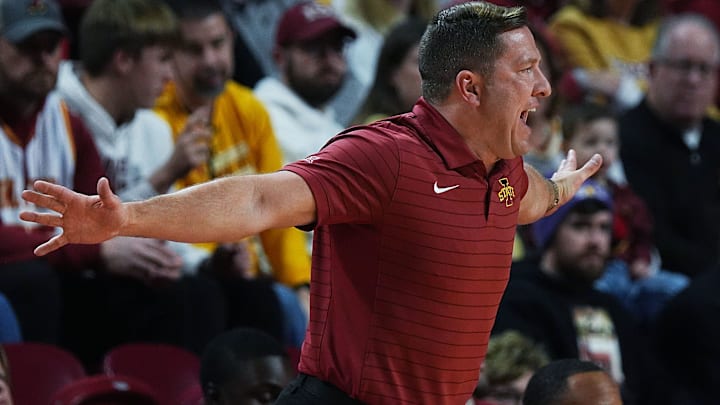 Iowa State Cyclones men's basketball head coach T.J. Otzelberger reacts during the first half of Iowa State and Houston Christian in the NCAA men’s basketball on Dec. 29. 2025, at Hilton Coliseum in Ames, Iowa.
