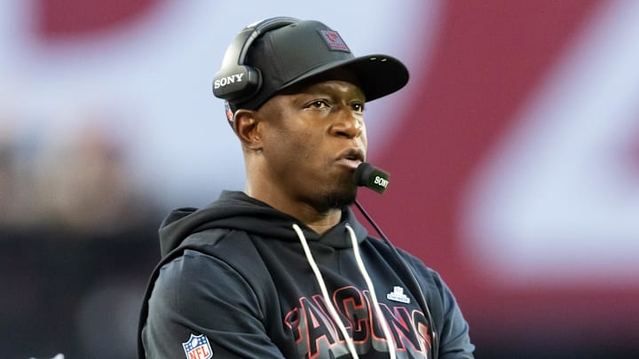 Dec 21, 2025; Glendale, Arizona, USA; Atlanta Falcons head coach Raheem Morris against the Arizona Cardinals at State Farm Stadium. Mandatory Credit: Mark J. Rebilas-Imagn Images