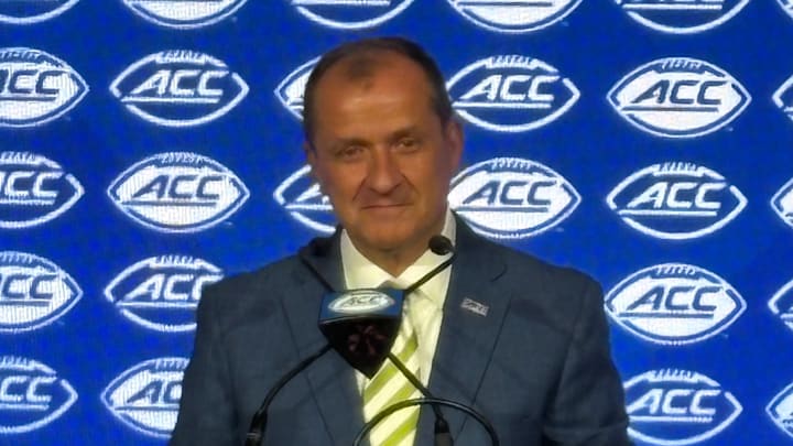 ACC Commissioner Jim Phillips addresses the media Tuesday, July, 22, 2025, on day one of the conference's Football Kickoff pre-season event in Charlotte, N.C. 