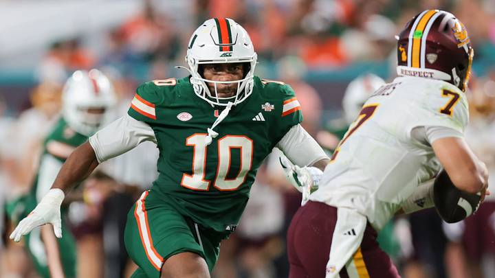 Sep 26, 2026; Miami Gardens, Florida, USA; Miami Hurricanes defensive end Damon Wilson II (10) defends against Central Michigan Chippewas quarterback Angel Flores (7) during the second quarter at Hard Rock Stadium. Mandatory Credit: Sam Navarro-Imagn Images Sep 26, 2026; Miami Gardens, Florida, USA; Miami Hurricanes defensive end Damon Wilson II (10) defends against Central Michigan Chippewas quarterback Angel Flores (7) during the second quarter at Hard Rock Stadium. Mandatory Credit: Sam Navarro-Imagn Images