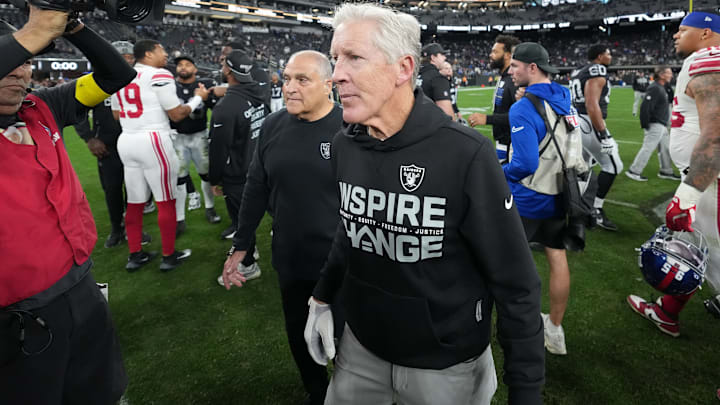 Dec 28, 2025; Paradise, Nevada, USA; Las Vegas Raiders head coach Pete Carroll leaves the field after the game against the New York Giants at Allegiant Stadium. 