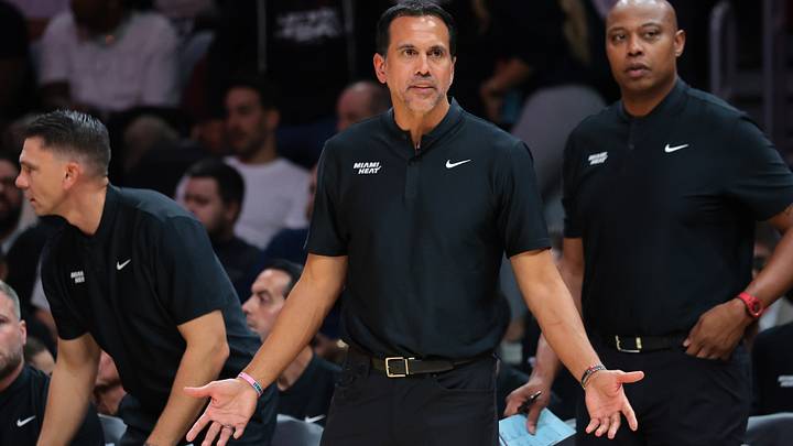 Miami Heat head coach Erik Spoelstra reacts (Mandatory Credit: Sam Navarro-Imagn Images)