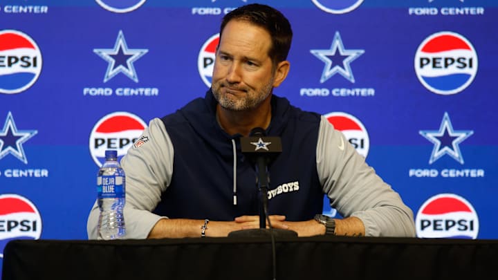 Dallas Cowboys head coach Brian Schottenheimer addresses the media before practice at the Ford Center at the Star Training Facility in Frisco, Texas.