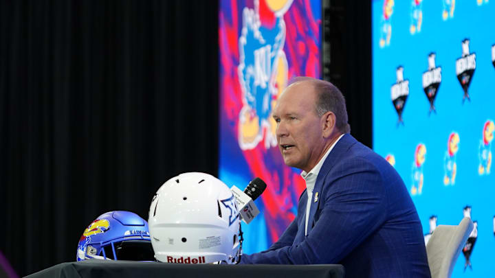 Jul 9, 2025; Frisco, TX, USA; Kansas head coach Lance Leipold speaks with the media during 2025 Big 12 Football Media Days at The Star. Mandatory Credit: Raymond Carlin III-Imagn Images