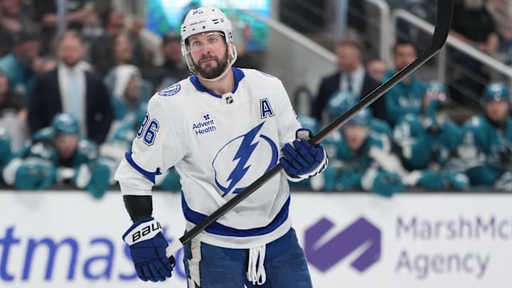 Jan 3, 2026; San Jose, California, USA; Tampa Bay Lightning right wing Nikita Kucherov (86) stands on the ice during the third period against the San Jose Sharks at SAP Center at San Jose. Mandatory Credit: Darren Yamashita-Imagn Images Jan 3, 2026; San Jose, California, USA; Tampa Bay Lightning right wing Nikita Kucherov (86) stands on the ice during the third period against the San Jose Sharks at SAP Center at San Jose. Mandatory Credit: Darren Yamashita-Imagn Images