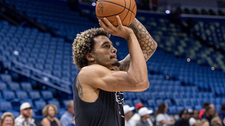 Oct 24, 2025; New Orleans, Louisiana, USA;  San Antonio Spurs forward Jeremy Sochan (10) during warmups before the game against the New Orleans Pelicans at Smoothie King Center. Mandatory Credit: Stephen Lew-Imagn Images