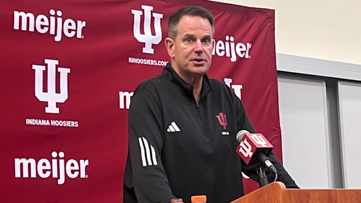 Indiana coach Curt Cignetti speaks Aug. 25, 2025, in the Don Croftcheck Team Room.