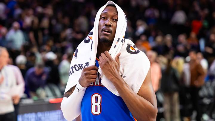 Jan 4, 2026; Phoenix, Arizona, USA; Oklahoma City Thunder guard Jalen Williams (8) reacts against the Phoenix Suns at Mortgage Matchup Center. Mandatory Credit: Mark J. Rebilas-Imagn Images