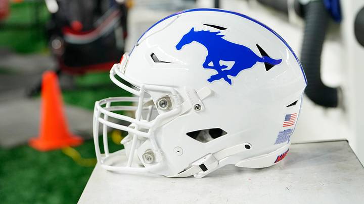 A general view of an SMU Mustangs helmet. A general view of an SMU Mustangs helmet.