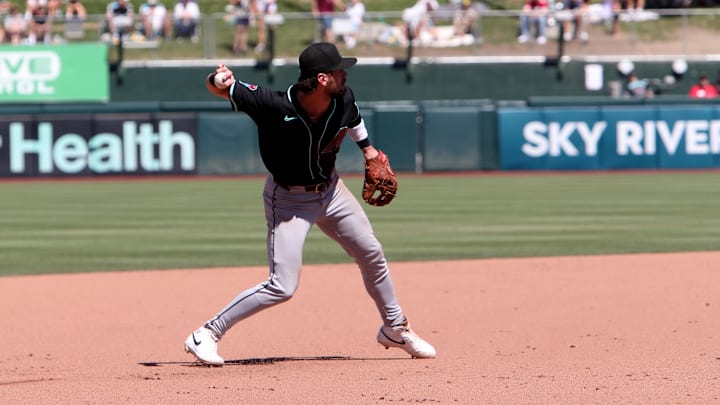 Aug 3, 2025; West Sacramento, California, USA; Arizona Diamondbacks third baseman Blaze Alexander (9) throws to first base for an out against the Athletics during the seventh inning at Sutter Health Park. Mandatory Credit: Dennis Lee-Imagn Images Aug 3, 2025; West Sacramento, California, USA; Arizona Diamondbacks third baseman Blaze Alexander (9) throws to first base for an out against the Athletics during the seventh inning at Sutter Health Park. Mandatory Credit: Dennis Lee-Imagn Images