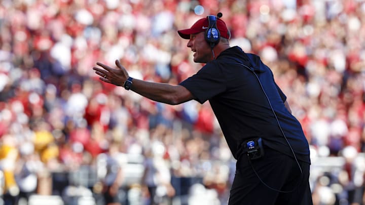Oct 26, 2024; Tuscaloosa, Alabama, USA;  Alabama Crimson Tide head coach Kalen DeBoer reacts after a play during the first half against the Missouri Tigers at Bryant-Denny Stadium. Mandatory Credit: Butch Dill-Imagn Images