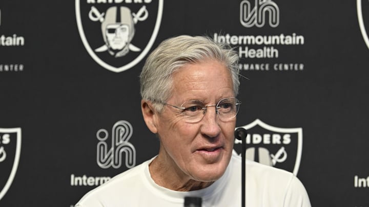 Apr 25, 2025; Henderson, NV, USA;  Las Vegas Raiders head coach Pete Carroll at a news conference introducing Ashton Jeanty as the first round draft pick in the 2025 NFL Draft at Intermountain Health Performance Center. Mandatory Credit: Candice Ward-Imagn Images