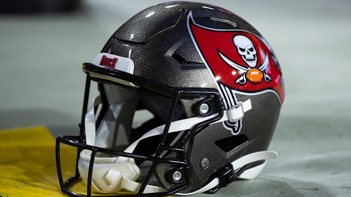 Dec 25, 2022; Glendale, Arizona, USA; Detailed view of a Tampa Bay Buccaneers helmet at State Farm Stadium. Mandatory Credit: Mark J. Rebilas-Imagn Images