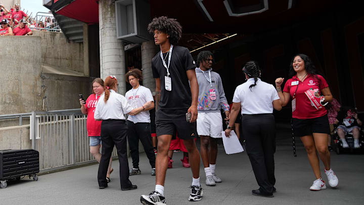 Aug 31, 2024; Columbus, OH, USA; Ohio State Buckeyes wide receiver recruit Chris Henry Jr. walks out on the field prior to the NCAA football game against the Akron Zips at Ohio Stadium. Aug 31, 2024; Columbus, OH, USA; Ohio State Buckeyes wide receiver recruit Chris Henry Jr. walks out on the field prior to the NCAA football game against the Akron Zips at Ohio Stadium.