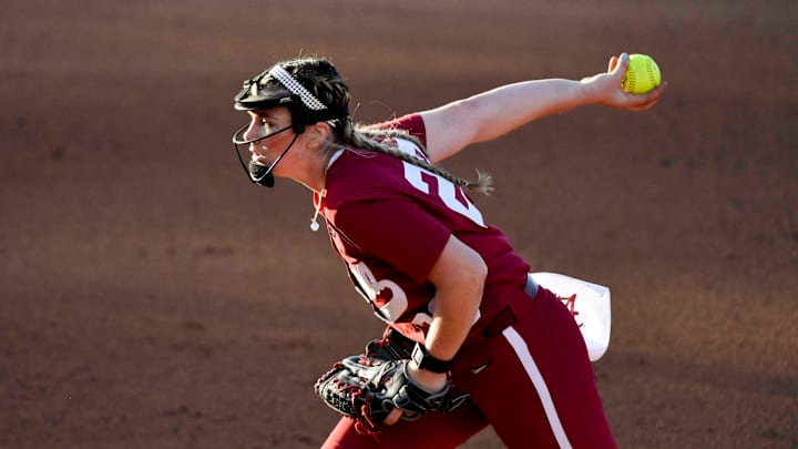 April 6, 2024; Tuscaloosa, Alabama, USA; Alabama pitcher Jocelyn Briski (23) delivers a pitch at April 6, 2024; Tuscaloosa, Alabama, USA; Alabama pitcher Jocelyn Briski (23) delivers a pitch at