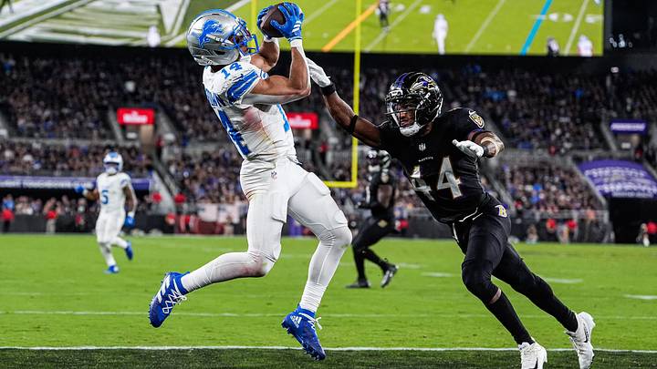 Detroit Lions wide receiver Amon-Ra St. Brown (14) makes a catch for a touchdown against Baltimore Ravens cornerback Marlon Humphrey (44) during the second half at M&T Bank Stadium in Baltimore, Md. on Monday, Sept. 22, 2025. Detroit Lions wide receiver Amon-Ra St. Brown (14) makes a catch for a touchdown against Baltimore Ravens cornerback Marlon Humphrey (44) during the second half at M&T Bank Stadium in Baltimore, Md. on Monday, Sept. 22, 2025.