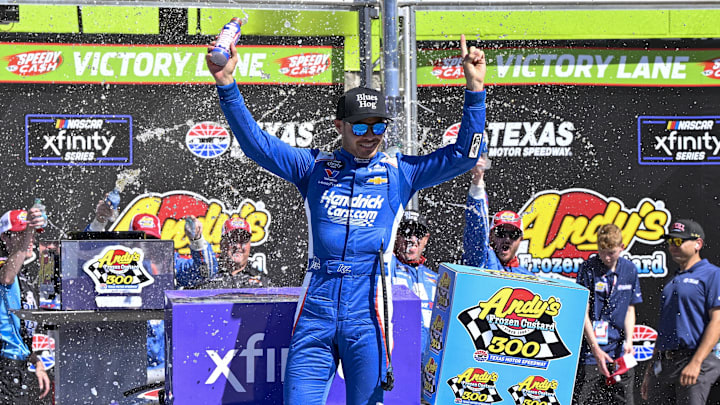 May 3, 2025; Fort Worth, Texas, USA; NASCAR Xfinity Series driver Kyle Larson (88) celebrates in Victory Lane after he wins the NASCAR Xfinity race at Texas Motor Speedway.