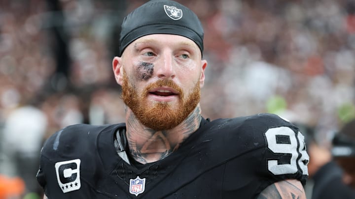 Las Vegas Raiders defensive end Maxx Crosby looks on from the sideline during the first quarter against the Chicago Bears.