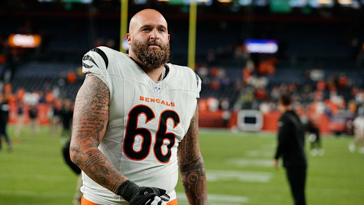 Sep 29, 2025; Denver, Colorado, USA; Cincinnati Bengals guard Dalton Risner (66) looks on after the game against the Denver Broncos at Empower Field at Mile High. Mandatory Credit: Isaiah J. Downing-Imagn Images Sep 29, 2025; Denver, Colorado, USA; Cincinnati Bengals guard Dalton Risner (66) looks on after the game against the Denver Broncos at Empower Field at Mile High. Mandatory Credit: Isaiah J. Downing-Imagn Images