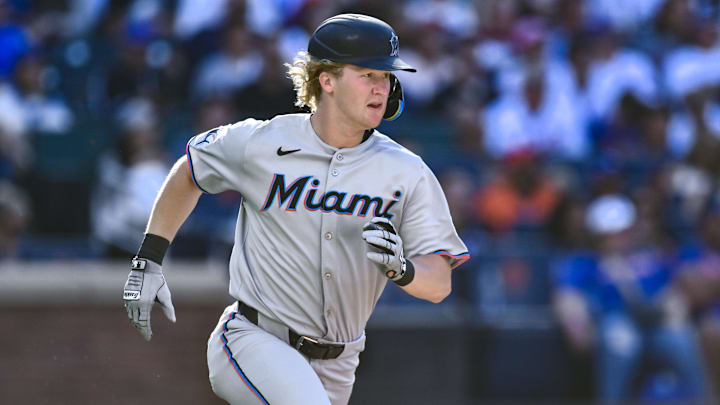 Aug 30, 2025; New York City, New York, USA; Miami Marlins outfielder Joey Wiemer (41) runs the bases after hitting a RBI single against the New York Mets during the third inning at Citi Field. Aug 30, 2025; New York City, New York, USA; Miami Marlins outfielder Joey Wiemer (41) runs the bases after hitting a RBI single against the New York Mets during the third inning at Citi Field.
