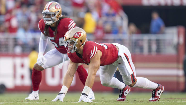 September 21, 2023; Santa Clara, California, USA; San Francisco 49ers defensive end Nick Bosa (97) and linebacker Fred Warner (54) defend during the second quarter against the New York Giants at Levi's Stadium. Mandatory Credit: Kyle Terada-Imagn Images