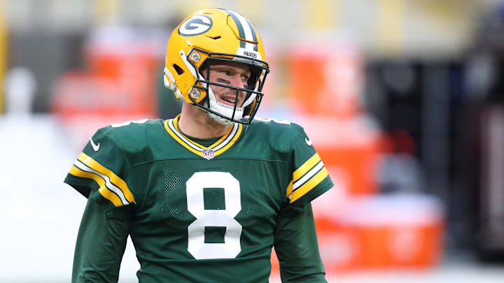 Jan 16, 2021; Green Bay, Wisconsin, USA; Green Bay Packers quarterback Tim Boyle (8) against the Los Angeles Rams during the NFC Divisional Round at Lambeau Field. Mandatory Credit: Mark J. Rebilas-Imagn Images