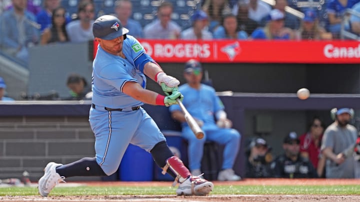 Toronto Blue Jays designated hitter Alejandro Kirk (30) hits an RBI double against the Philadelphia Phillies during the first inning at Rogers Centre on Sept 4.