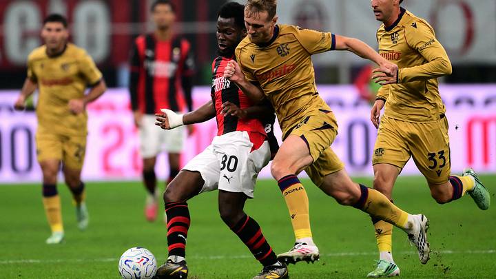 Yunus Musah battles for the ball during AC Milan's loss to Bologna. Yunus Musah battles for the ball during AC Milan's loss to Bologna.