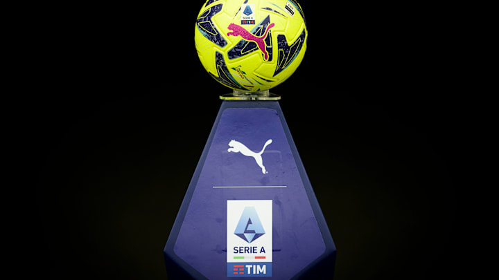 The Serie A official match ball Puma Orbita is seen on a...