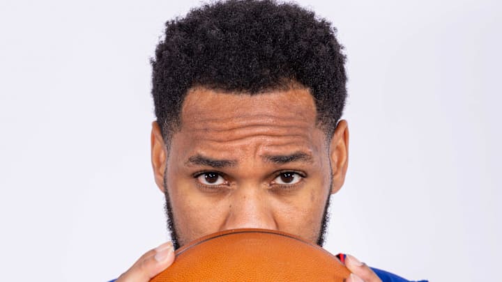 Oct 2, 2023; Detroit, MI, USA; Detroit Pistons guard Monte Morris (5) poses for pictures on media