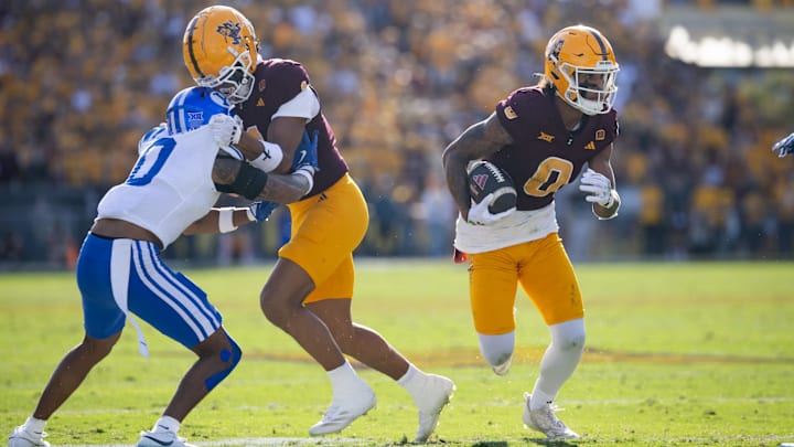 Nov 23, 2024; Tempe, Arizona, USA; Arizona State Sun Devils wide receiver Jordyn Tyson (0) against the Brigham Young Cougars at Mountain America Stadium. Mandatory Credit: Mark J. Rebilas-Imagn Images
