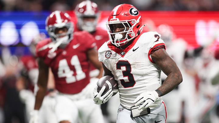 Dec 6, 2025; Atlanta, GA, USA; Georgia Bulldogs running back Nate Frazier (3) rushes for a touchdown during the third quarter against the Alabama Crimson Tide during the 2025 SEC Championship game at Mercedes-Benz Stadium. Mandatory Credit: Brett Davis-Imagn Images