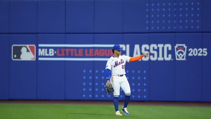 Aug 17, 2025; Williamsport, Pennsylvania, USA; New York Mets outfielder Juan Soto (22) reacts against the Seattle Mariners in the second inning at Journey Bank Ballpark at Historic Bowman Field. Mandatory Credit: Kyle Ross-Imagn Images Aug 17, 2025; Williamsport, Pennsylvania, USA; New York Mets outfielder Juan Soto (22) reacts against the Seattle Mariners in the second inning at Journey Bank Ballpark at Historic Bowman Field. Mandatory Credit: Kyle Ross-Imagn Images