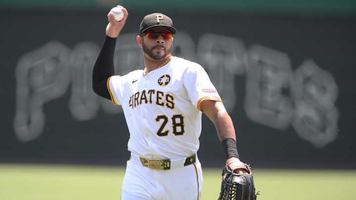 Aug 10, 2025; Pittsburgh, Pennsylvania, USA;  Pittsburgh Pirates left fielder Tommy Pham (28) warms up before the game against the Cincinnati Reds at PNC Park. Mandatory Credit: Charles LeClaire-Imagn Images