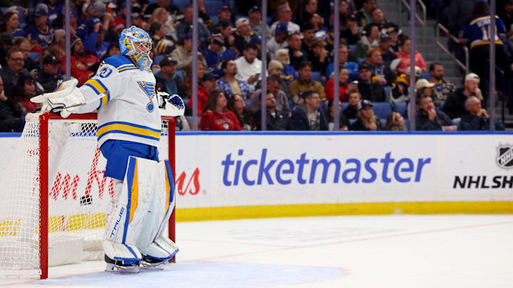 Nov 6, 2025; Buffalo, New York, USA;  St. Louis Blues goaltender Joel Hofer (30) during a stoppage in play against the Buffalo Sabres at KeyBank Center. Mandatory Credit: Timothy T. Ludwig-Imagn Images
