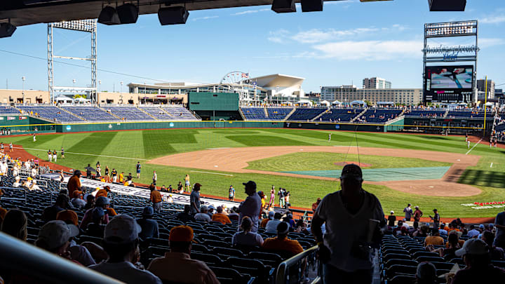 Jun 24, 2024; Omaha, NE, USA; Fans enter Charles Schwab Field Omaha before a game between the Texas A&M Aggies and the Tennessee Volunteers. Mandatory Credit: Dylan Widger-Imagn Images