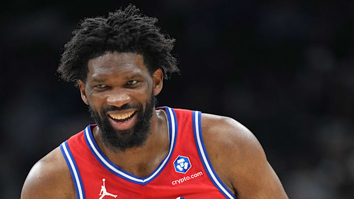 Apr 6, 2026; San Antonio, Texas, USA; Philadelphia 76ers center Joel Embiid (21) before shooting a free throw during the second half against the San Antonio Spurs at Frost Bank Center. Mandatory Credit: Scott Wachter-Imagn Images