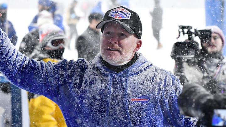Dec 1, 2024; Orchard Park, New York, USA; Buffalo Bills head coach Sean McDermott leaves the field after winning a game against the San Francisco 49ers to clinch the AFC East title at Highmark Stadium. 