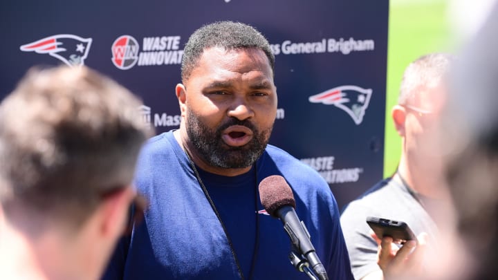 Jun 10, 2024; Foxborough, MA, USA; New England Patriots head coach Jerod Mayo holds a press conference at minicamp at Gillette Stadium. Mandatory Credit: Eric Canha-USA TODAY Sports Jun 10, 2024; Foxborough, MA, USA; New England Patriots head coach Jerod Mayo holds a press conference at minicamp at Gillette Stadium. Mandatory Credit: Eric Canha-USA TODAY Sports