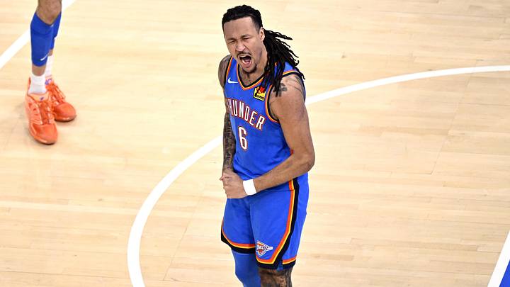 May 30, 2026; Oklahoma City, Oklahoma, USA; Oklahoma City Thunder forward Jaylin Williams (6) reacts in the third quarter against the San Antonio Spurs during game seven of the western conference finals for the 2026 NBA playoffs at Paycom Center. Mandatory Credit: Jerome Miron-Imagn Images May 30, 2026; Oklahoma City, Oklahoma, USA; Oklahoma City Thunder forward Jaylin Williams (6) reacts in the third quarter against the San Antonio Spurs during game seven of the western conference finals for the 2026 NBA playoffs at Paycom Center. Mandatory Credit: Jerome Miron-Imagn Images