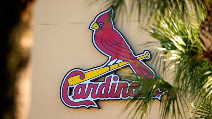 Feb 26, 2021; Jupiter, Florida, USA; A general view of the St. Louis Cardinals logo on the stadium at Roger Dean Stadium during spring training workouts. Mandatory Credit: Jasen Vinlove-Imagn Images