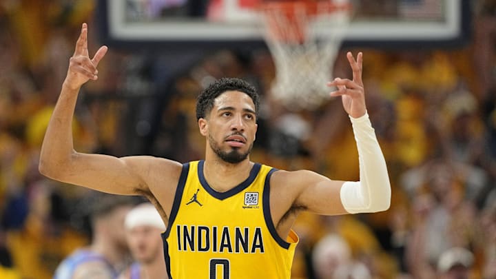 Jun 19, 2025; Indianapolis, Indiana, USA; Indiana Pacers guard Tyrese Haliburton (0) reacts after a play against the Oklahoma City Thunder during the first half of game six of the 2025 NBA Finals between the Oklahoma City Thunder and the Indiana Pacers at Gainbridge Fieldhouse. Mandatory Credit: Kyle Terada-Imagn Images Jun 19, 2025; Indianapolis, Indiana, USA; Indiana Pacers guard Tyrese Haliburton (0) reacts after a play against the Oklahoma City Thunder during the first half of game six of the 2025 NBA Finals between the Oklahoma City Thunder and the Indiana Pacers at Gainbridge Fieldhouse. Mandatory Credit: Kyle Terada-Imagn Images