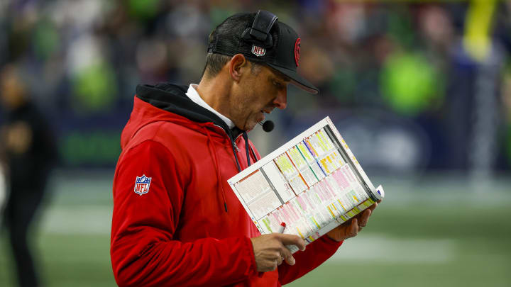 Nov 23, 2023; Seattle, Washington, USA; San Francisco 49ers head coach Kyle Shanahan stands on the sideline during the second quarter against the Seattle Seahawks at Lumen Field. Mandatory Credit: Joe Nicholson-USA TODAY Sports