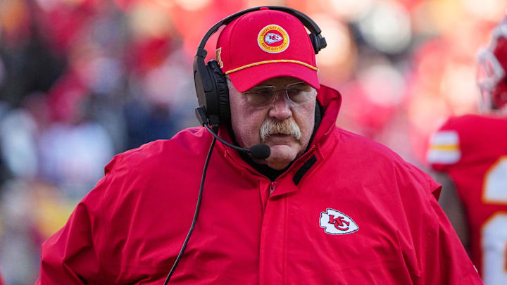 Nov 29, 2024; Kansas City, Missouri, USA; Kansas City Chiefs head coach Andy Reid on the sidelines against the Las Vegas Raiders during the first half at GEHA Field at Arrowhead Stadium. Mandatory Credit: Denny Medley-Imagn Images