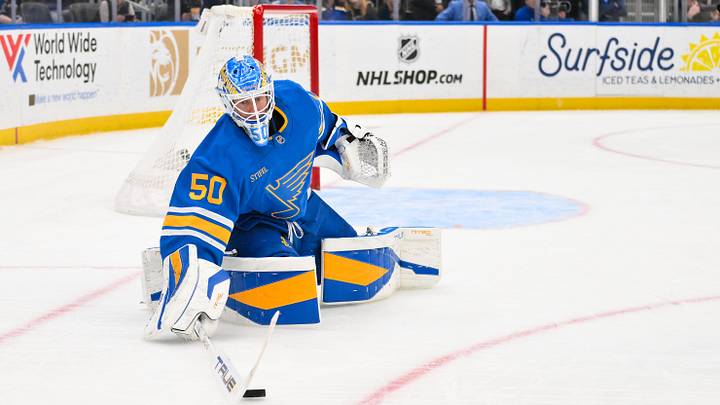 Apr 9, 2026; St. Louis, Missouri, USA; St. Louis Blues goaltender Jordan Binnington (50) defends the net against the Winnipeg Jets during the third period at Enterprise Center. Mandatory Credit: Jeff Curry-Imagn Images